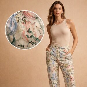 H&M Floral Print Slim Ankle Pants White Spring Garden Print Size 10